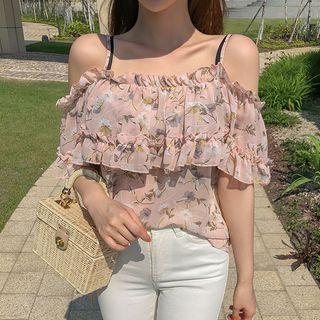 Off-shoulder Frilled Floral Chiffon Blouse