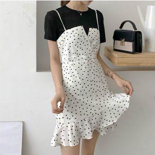 Spaghetti Strap Dotted Chiffon Mini Dress / Short-sleeve Top