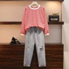 Set : Striped Round-neck Long-sleeve T Shirt + Jeans