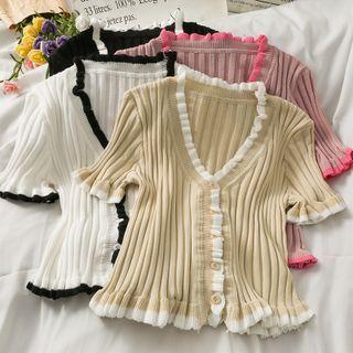 Contrasted Ruffled-trim Button-up Knit Top