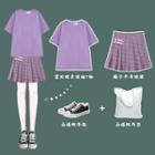 Short-sleeve T-shirt / Plaid Buckled Pleated A-line Mini Skirt