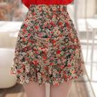 Frill-hem Shirred Floral Miniskirt