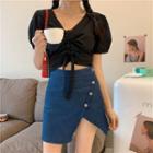 Puff Sleeve V-neck Drawstring Cropped Top / Slit Denim Mini Fitted Skirt