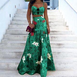 Set: Cropped Floral Print Camisole Top + Maxi A-line Skirt