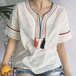 Embroidered Eyelet Lace Short-sleeve Blouse