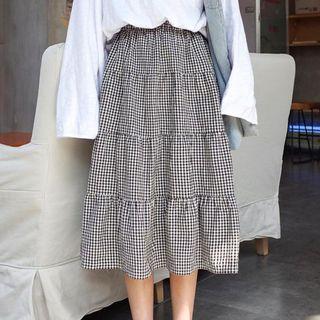 Gingham A-line Midi Skirt Plaid - Black & White - One Size