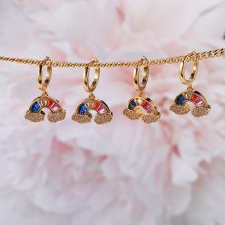 Rhinestone Rainbow Hoop Drop Earring 1 Pair - Red & Blue & White & Gold - One Size