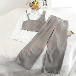 Set: Plain Shirt + Cropped Camisole + Wide-leg Pants