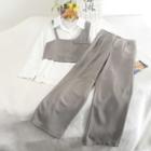Set: Plain Shirt + Cropped Camisole + Wide-leg Pants