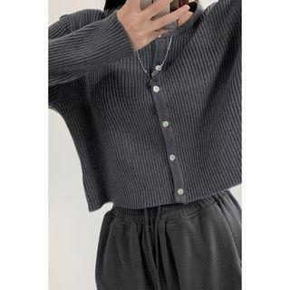Crew-neck Rib-knit Cardigan Gray - One Size