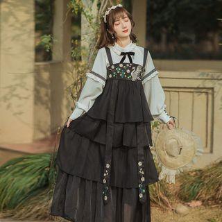 Set: Blouse + Layered Midi A-line Overall Dress