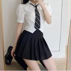 Puff-sleeve Crop Shirt With Necktie / Mini A-line Skirt / Set