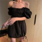 Puff-sleeve Drawstring-hem Mini Dress