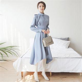 Mock-neck Pintuck-detail A-line Dress