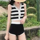 Set: Striped Button Tankini Top + High-waist Bottom Set - Stripes - Black & White - One Size