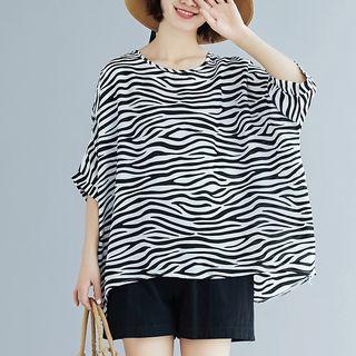 Elbow-sleeve Zebra Print Top Black - One Size