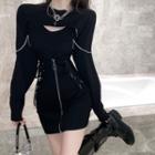 Set: Chain-accent Tank Top + Cape Top / Zipper High-waist Lace-up Mini Skirt