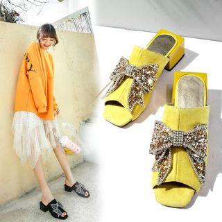 Low Heel Rhinestone Bow Slide Sandals