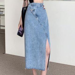 High-waist Side-slit A-line Denim Midi Skirt