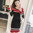 Long-sleeve Color Block Mini Sheath Knit Dress