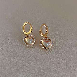 Heart Faux Cat Eye Stone Faux Pearl Alloy Dangle Earring 1 Pair - Gold & White - One Size