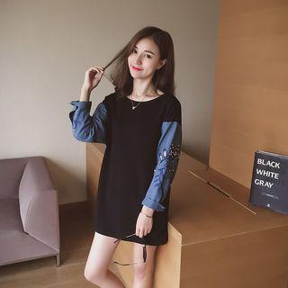 Beaded Denim Panel Long Sleeve Mini Dress