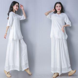 Elbow-sleeve Top / Wide Leg Pants
