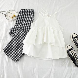 Set: Halter Tank Top + Plaid High-waist Pants