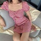 Short-sleeve Plaid Cutout Dress As Shown In Figure - One Size