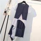 Set: Striped Asymmetric Short-sleeve Top + A-line Skirt