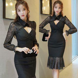 Set: Lace Sleeve Top + Sleeveless Sheath Party Dress