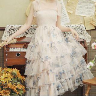 Tie-shoulder Floral Print Midi Layered Mesh Dress