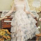 Tie-shoulder Floral Print Midi Layered Mesh Dress