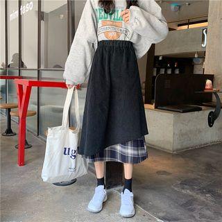 Corduroy Panel Plaid Midi Skirt