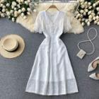 Lace Flower Trim Square-neck Embroidered Chiffon Dress