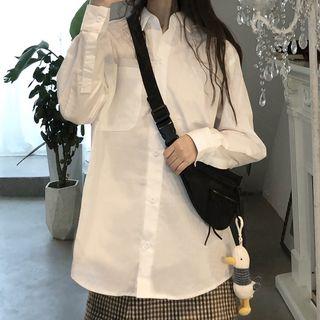 Pocket-front Long-sleeve Long Shirt White - One Size