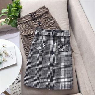 Buttoned Plaid Straight Fit Skirt