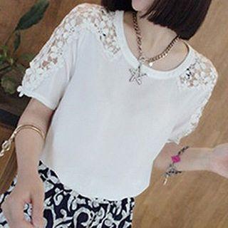 Lace Panel Short Sleeve Chiffon T-shirt