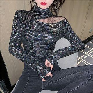 Long-sleeve Mock-neck Glitter Top As Shown In Figure - One Size