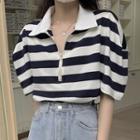 Puff-sleeve Collar Striped T-shirt T-shirt - Stripe - Black & White - One Size