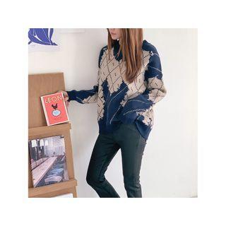 Loose-fit Argyle Sweater Beige - One Size
