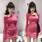 Plain Crewneck Single-breasted Slim-fit Long-sleeve Knit Dress Red - One Size