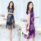 Short-sleeve Floral Lace A-line Midi Dress