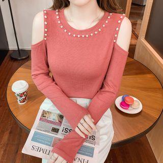 Long-sleeve Off-shoulder Beaded T-shirt