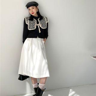 Puff-sleeve Floral Print Collar Blouse / A-line Skirt / Set