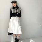 Puff-sleeve Floral Print Collar Blouse / A-line Skirt / Set
