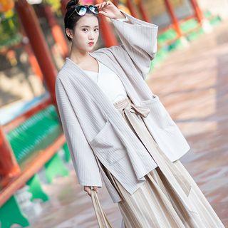 Open Front Jacket / Long-sleeve Top / Striped Midi Culottes
