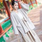 Open Front Jacket / Long-sleeve Top / Striped Midi Culottes