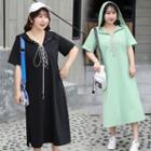 Lace Up Hooded Short-sleeve Midi T-shirt Dress