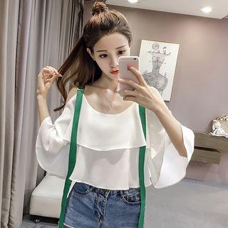 Ruffle Open Shoulder Elbow-sleeve Chiffon Top